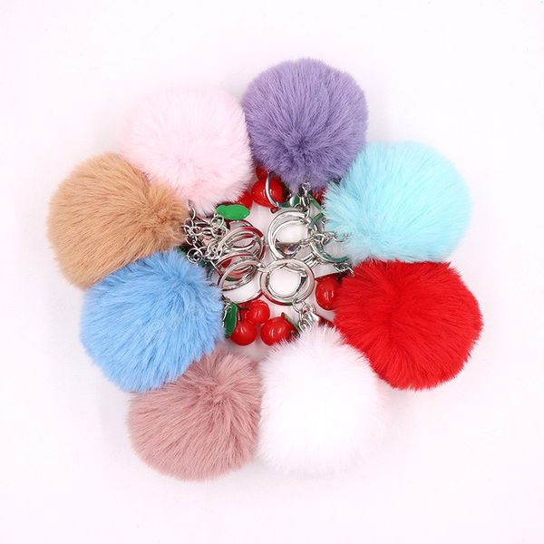 

fashion cute fluffy faux rabbit fur ball pompom keychain resin cherry charms key chain trinket car bag key ring jewelry gift, Silver