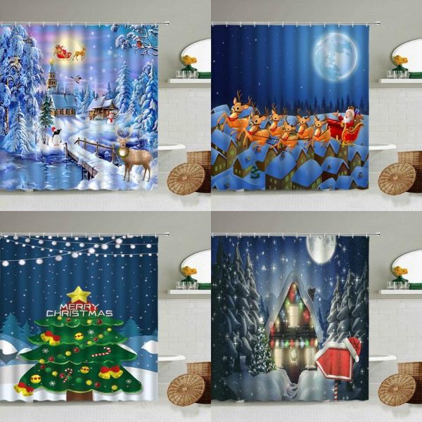 

shower curtains cartoon christmas curtain santa claus elk sleigh fantasy forest tree snow scene bathroom home decor waterproof