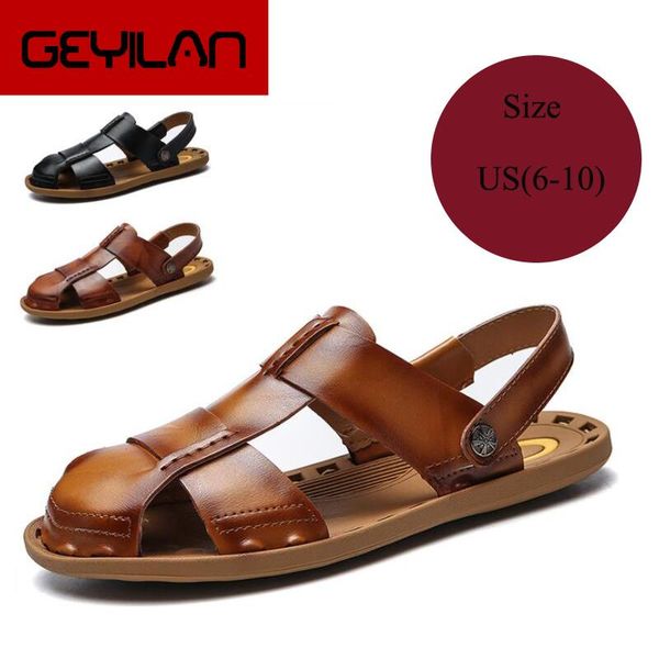 

slippers man genuine leather men sandals summer leisure beach black/brown 0084