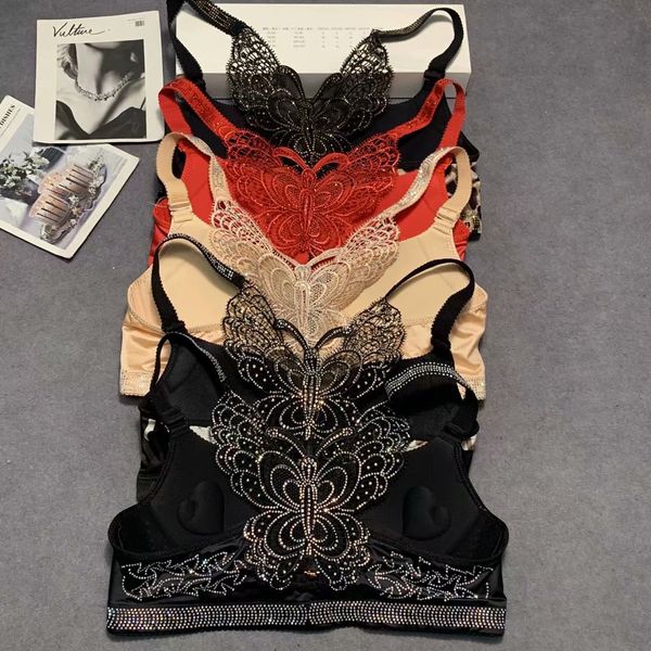 

9755 medium-weight cup thin cup diamond decorations shoulder strap lace butterfly beauty back hollow out lace camouflage womens bra, Red;black