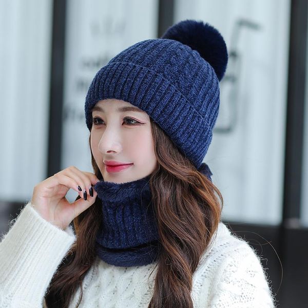 

beanies winter women chenille knitted hat female warm beanie riding ski cap scarf set fur pompom fashion wool thickening