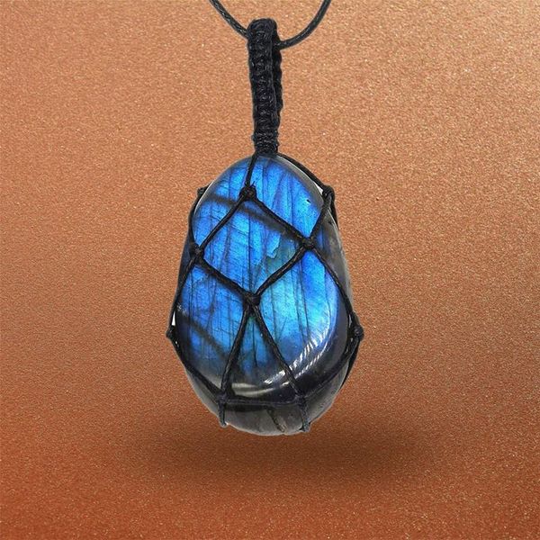 

pendant necklaces natural labradorite crystal necklace healing chakra with hand woven rope palm stone, Silver