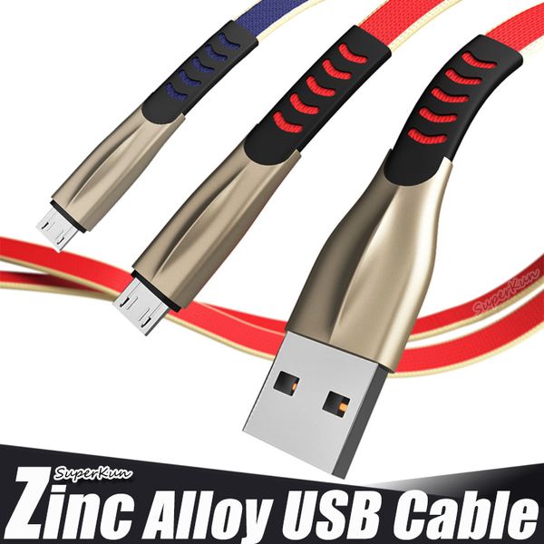 Dati di ricarica rapida in lega di zinco Cavi micro USB di tipo C per telefoni Moblie Caricabatterie SuperFast 2.4A 1M 2M 3M