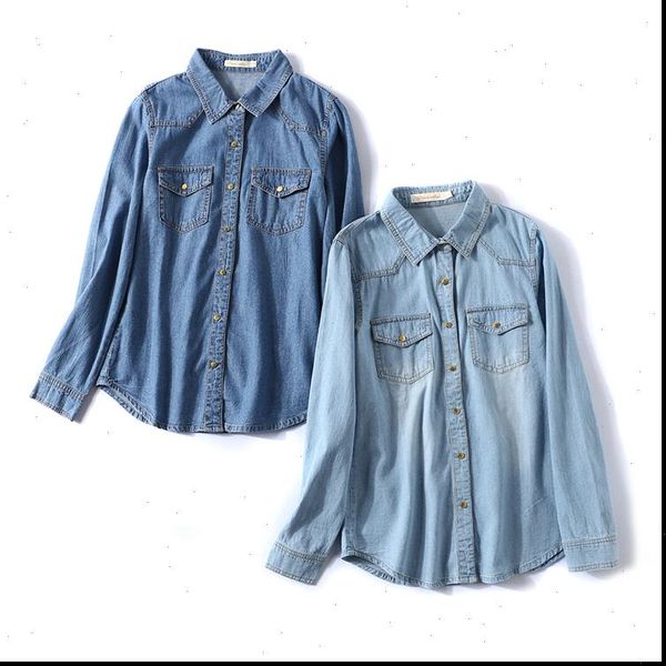

spring women shirt denim shirts jeans with pockets causal washed blouse female chemise femme, White