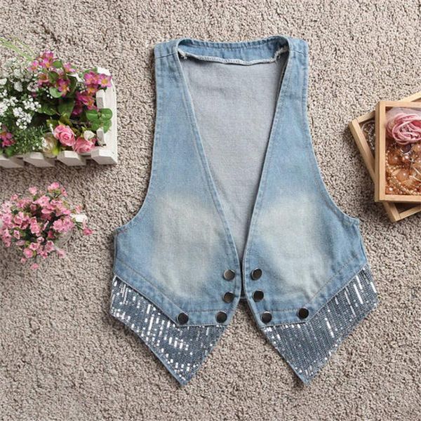 

women's vests 2021 big size vintage denim waistcoat women blue sequined vest fashion slim lady sleeveless coats jackets outwear wz1437, Black;white