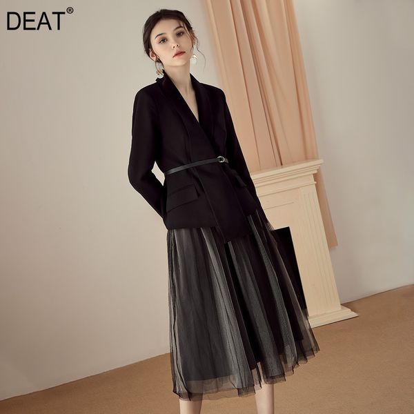 

[deat] dress two pieces suit new turn-down collar long sleeve loose women black lace gauze fashion tide summer 7e0046 210428, White