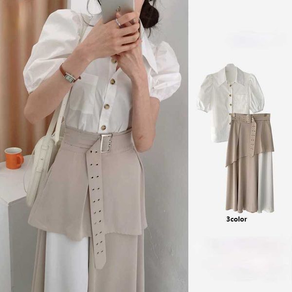 

summer white lapel shirts puff sleeve blouse patchwork ruffled irregular skirts chiffon matching sets ol fashion chic korea 210610