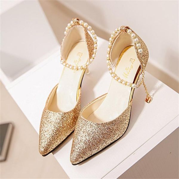 

sandals summer women's beaded one-word button shoes sequins pointed heel, Black
