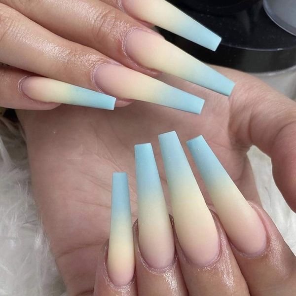 

24pcs blue yellow ombre nails french ballerina long coffin matte fake fingernails press on nail false tips manicure for women and girls, Red;gold