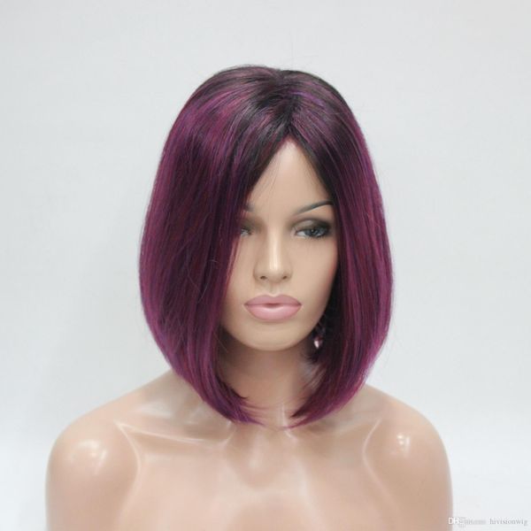 

fashion health super cute black rooted midnight berry angled bob wig deep purple, Black;brown