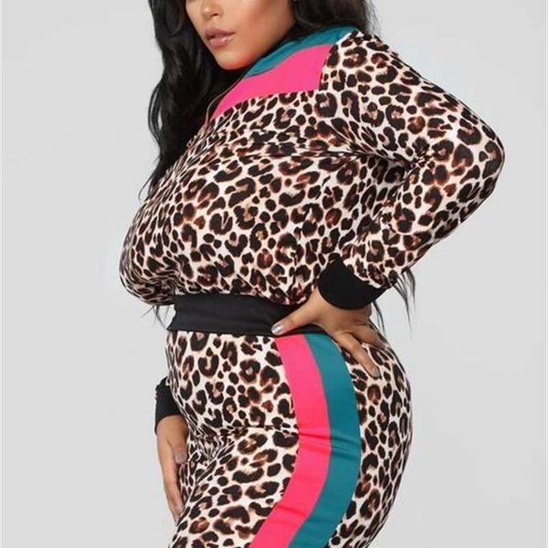 

tracksuits fall big women's size fashion slim trend sports leopard print suit, Gray