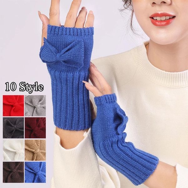 

winter warm knitted arm cover fashion bowknot wool arm sleeve korean style soft skin friendly fingerless gloves, Blue;gray