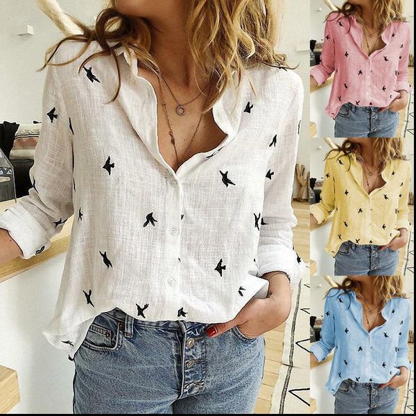 

womens birds women shirts print 35% cotton long sleeve female spring summer loose casual office ladies shirt plus size, White