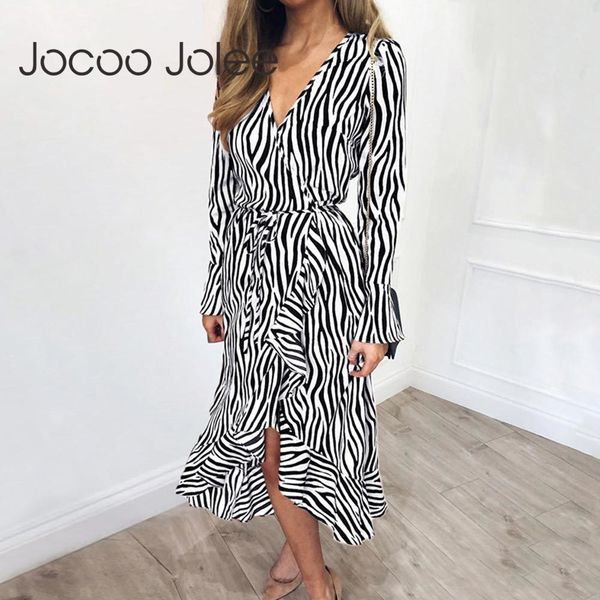 

women zebra print beach chiffon dress casual long sleeve v neck ruffles elegant party vestidos 210428, Black;gray