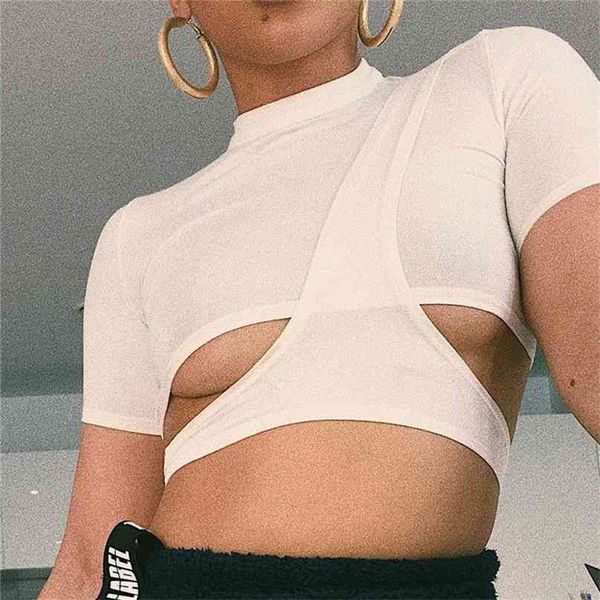 Seksi Katı Siyah Beyaz O-Boyun Kısa Kollu T-Shirt Tees Kadınlar Şerit Tops Tops Kadınlar Strip Out Rahat Ürün 210607