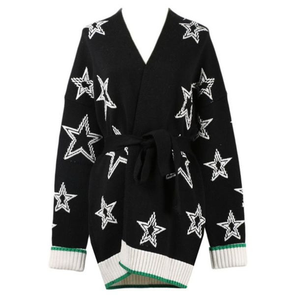 

women's sweaters runway vintage striped cardigan women outwear 2021 autumn winter loose sashes sweater coat knit star jacquard overcoat, White;black