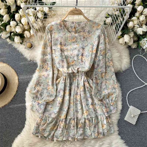 

floral vestidos female spring product korean temperament round neck slim short chiffon ruffled mini dress gk618 210507, Black;gray