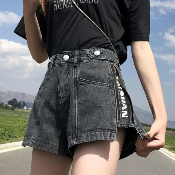 

women's jeans summer cotton loose slim denim women shorts letter zipper female style wide leg high waist short pants, Blue