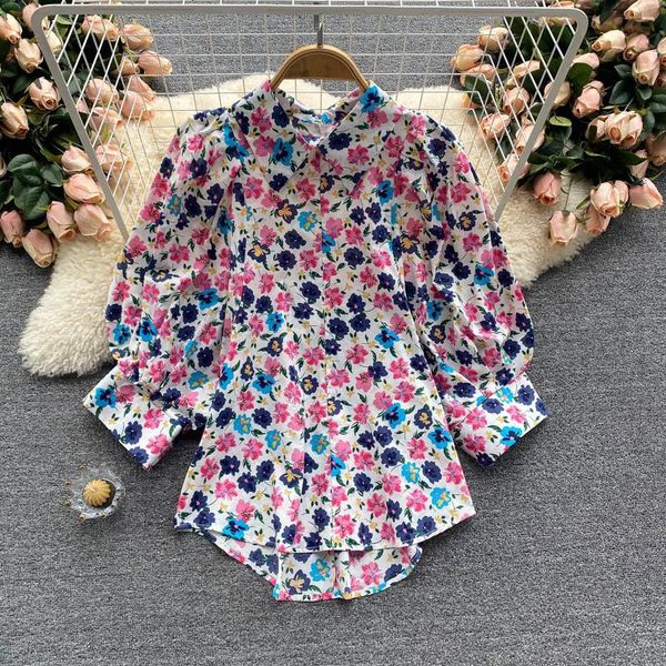 

women's blouses & shirts 2021 women summer chic floral stylish puff sleeve turn-down collar printed casual loose, White