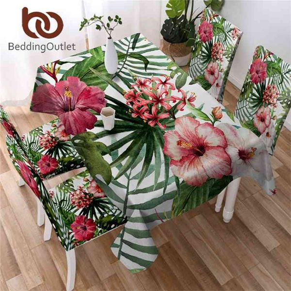 BeddingOutlet Flores Cozinha Toalha de Tablecloth Folhas Vermelho Verde Branco Branco Pano De Pano Tropical Plantas Decorativas 210626