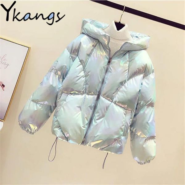 

women's down & parkas colorful shiny glossy sweet jacket elegant all-match hooded winter cotton bread service padded warm outwear, Black