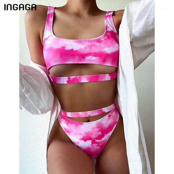

women's swimwear ingaga high waist bikinis tie dye swimsuits 2021 cut out push up biquini bathing suit summer beachwear, White;black