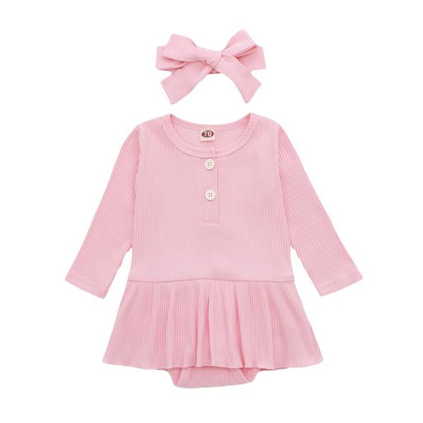 

clothing sets girl's solid color romper dress set, long sleeve skirt hem triangle crotch knitted with bow headband, White