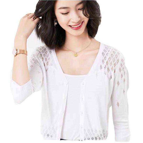 

summer thin sunscreen ice silk knitted cardigan women's hollowed out short shawl with air conditioning shirt and small coat, White;black