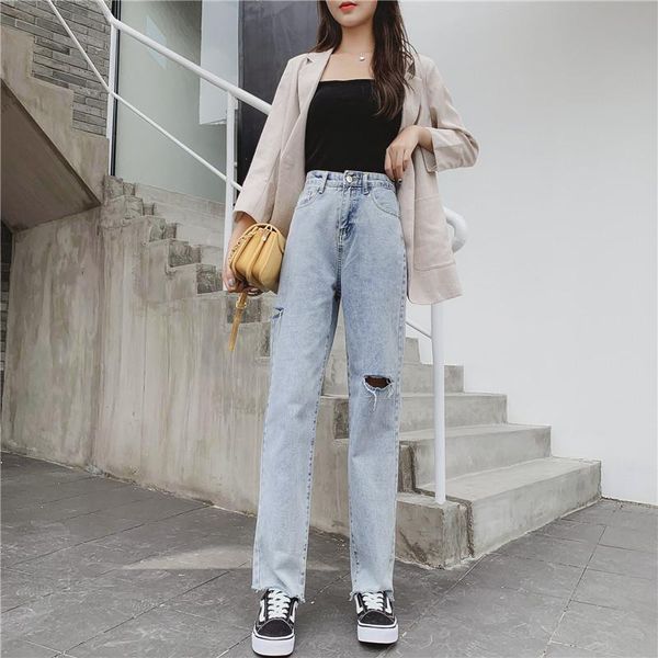 

spring and autumn korean style loose high waist stretch frayed ripped jeans women pants plus size women's, Blue