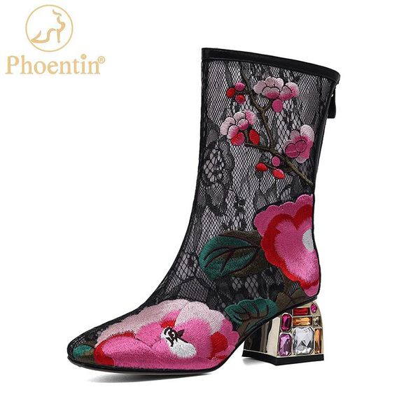 

phoentin women floral mesh mid calf summer boots ethnic embroidered 2021 crystal high heel sandals big size 43 shoes ft1488, Black