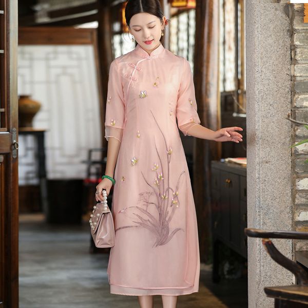 

luxury cheongsam 2021 summer audrey cheongsam orchid heavy industry embroidery chine style zen drs looks thin, Blue;red