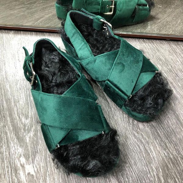 

women real wool fur flat sandals fashion lady, Black