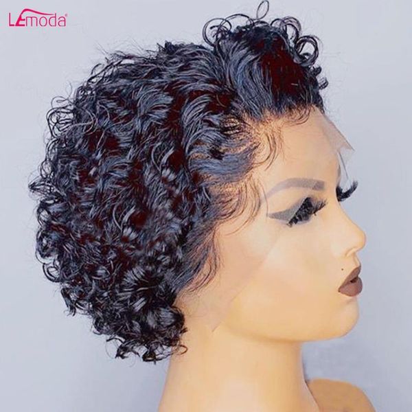 

lace wigs lemoda short curly bob wig human hair water wave pixie cut 13x4 full front preplucked remy hd 150% 180%, Black;brown