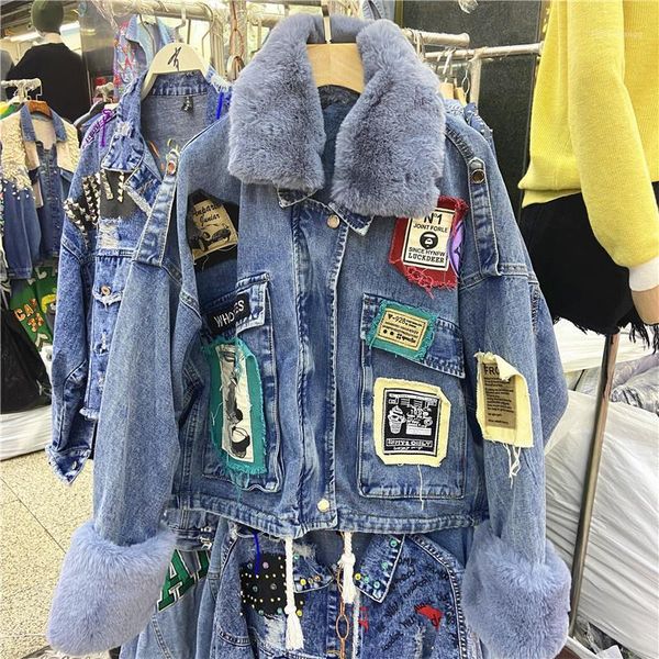 

women's jackets 2021 winter south korea dongdamen heavy industry gray blue fluffy fur paste cloth fashion thick denim coat cotton, Black;brown