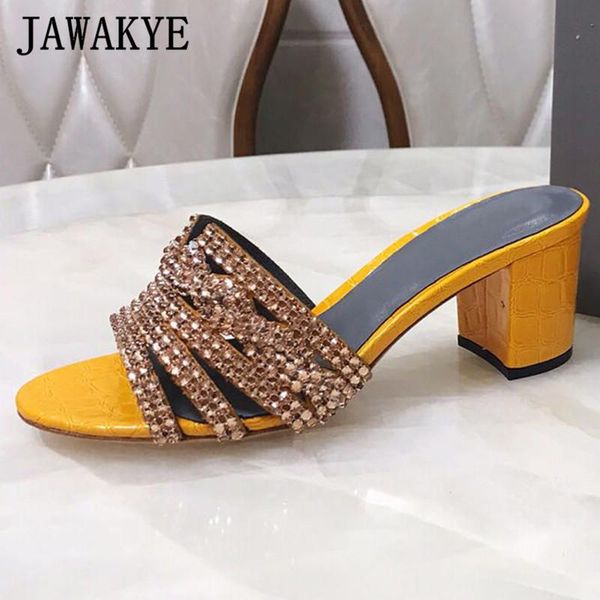 

slippers jawakye chunky heels rhinestone women glitter designer sandals yellow gold chain crystal shoes summer party woman, Black