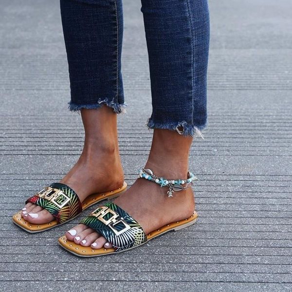 

sandals summer chain women's slippers retro printed women zapatillas mujer large casual beach shoes flat female footwear, Black