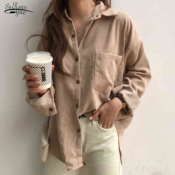 

woman autumn corduroy jacket women solid shirt single breasted turn down collar clothing cardigan long sleeve 11484 210508, Black;brown