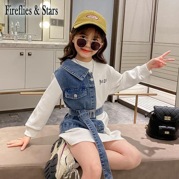 

spring autumn girls sweat shirt baby pullover kids children clothes fashion denim patch waistbelt 4 to 14 yrs t-shirts, Blue