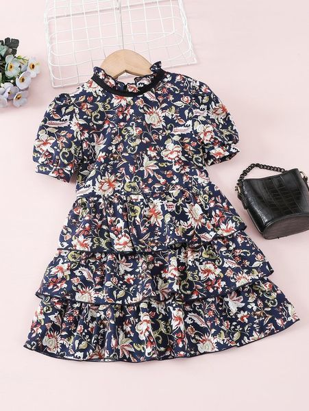 

little girl's printed bubble sleeve multi-layer ruffle dress she, Red;yellow