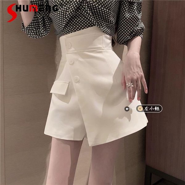 

women's shorts 2021 summer fashion broadcloth buttons pure color female casual loose culottes irregular mujer, White;black