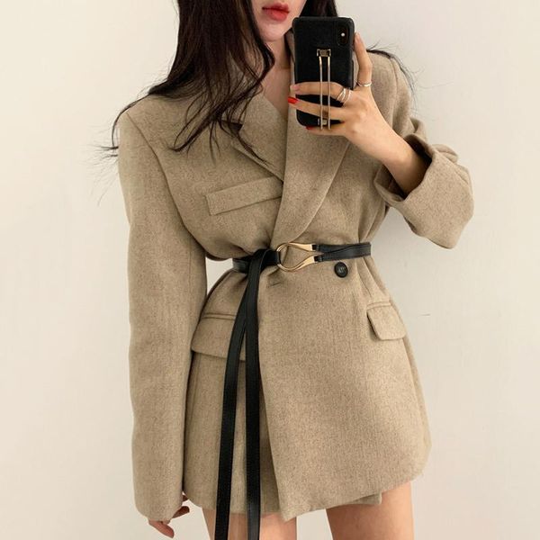 

women's wool & blends fall 2021 french retro lapel two buttons loose casual coats women solid color long sleeved jacket with belt fashi, Black