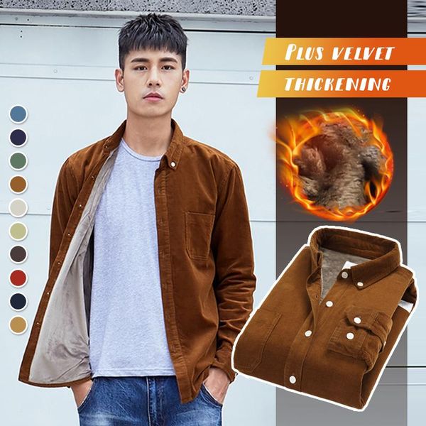 

men's jackets winter autumn men cotton corduroy warm shirts fleece lined blouse long sleeve plus velvet thick casual outwear jacket, Black;brown