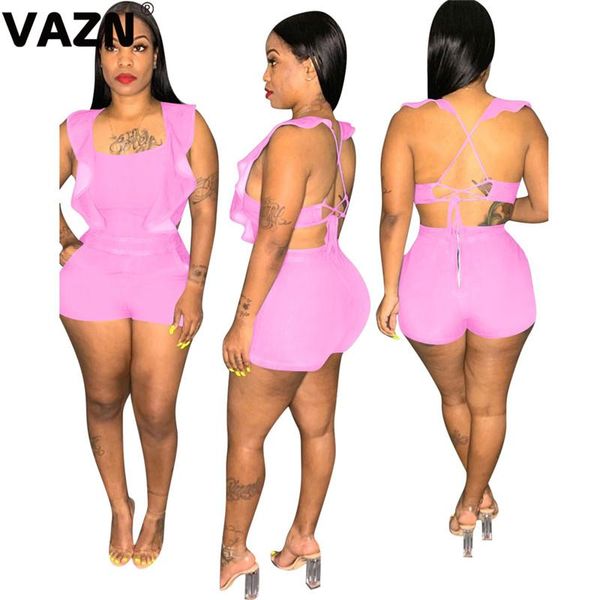 

women's jumpsuits & rompers vazn ghg11159 product 2021 summer lady 5 colors short playsuit sleeveless backless solid ruffles pladysuits, Black;white