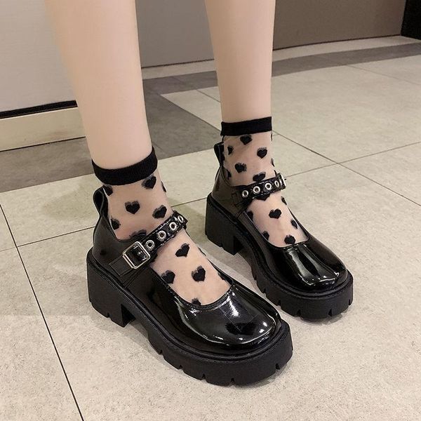 

dress shoes uniform day style british retro round head student girl one word button mary jane all match small, Black