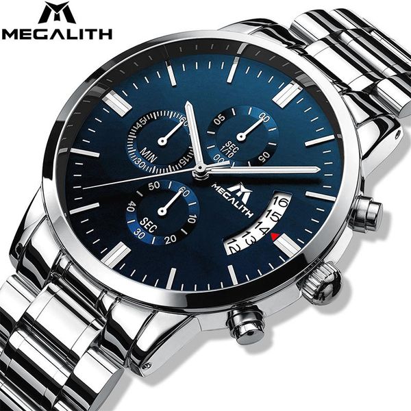 

wristwatches relogio masculino megalith military sports watches men waterproof stainless steel quartz chronograph men's wrist, Slivery;brown