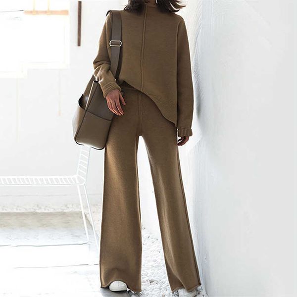 

autumn winter fashion knitted set elegant turtleneck pullover + pants outfit casual long sleeve homewear solid loose suit 210930, White