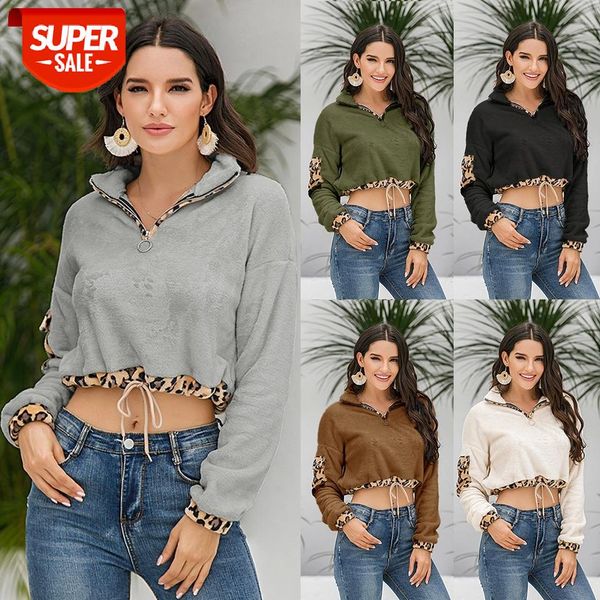 

women's thick plush pullovers leopard print turn-down collar zippers long sleeve short shirt crop elastic drawstring hem #pr62, Black