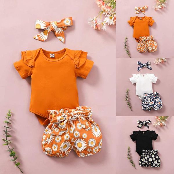 

baby outfit summer born infant solid ruffle romper +flower print shorts +headband sets cotton girl clothing, White