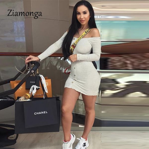 

casual dresses ziamonga ribbed knit off shoulder button bodycon mini dress 2021 autumn winter fashion clothes women vestido, Black;gray