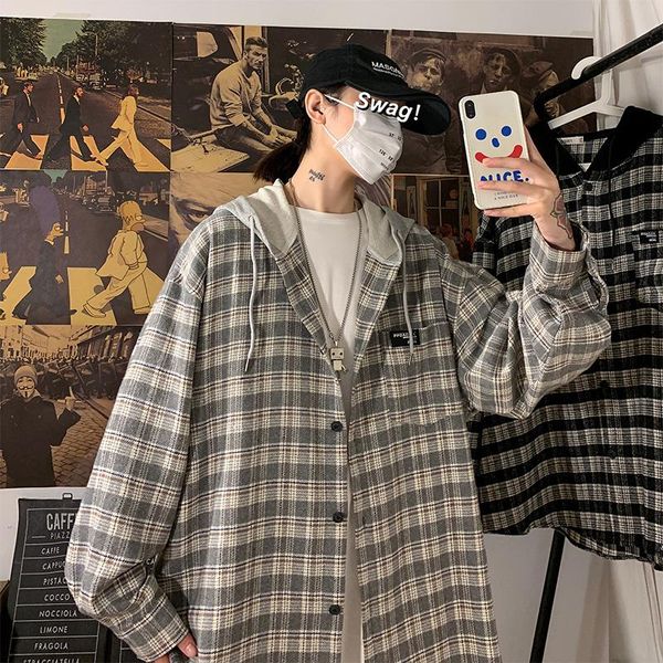 

men's jackets version hooded stitched fake two plaid shirts boys casual long sleeve ruffian handsome infrared cover winter, Black;brown